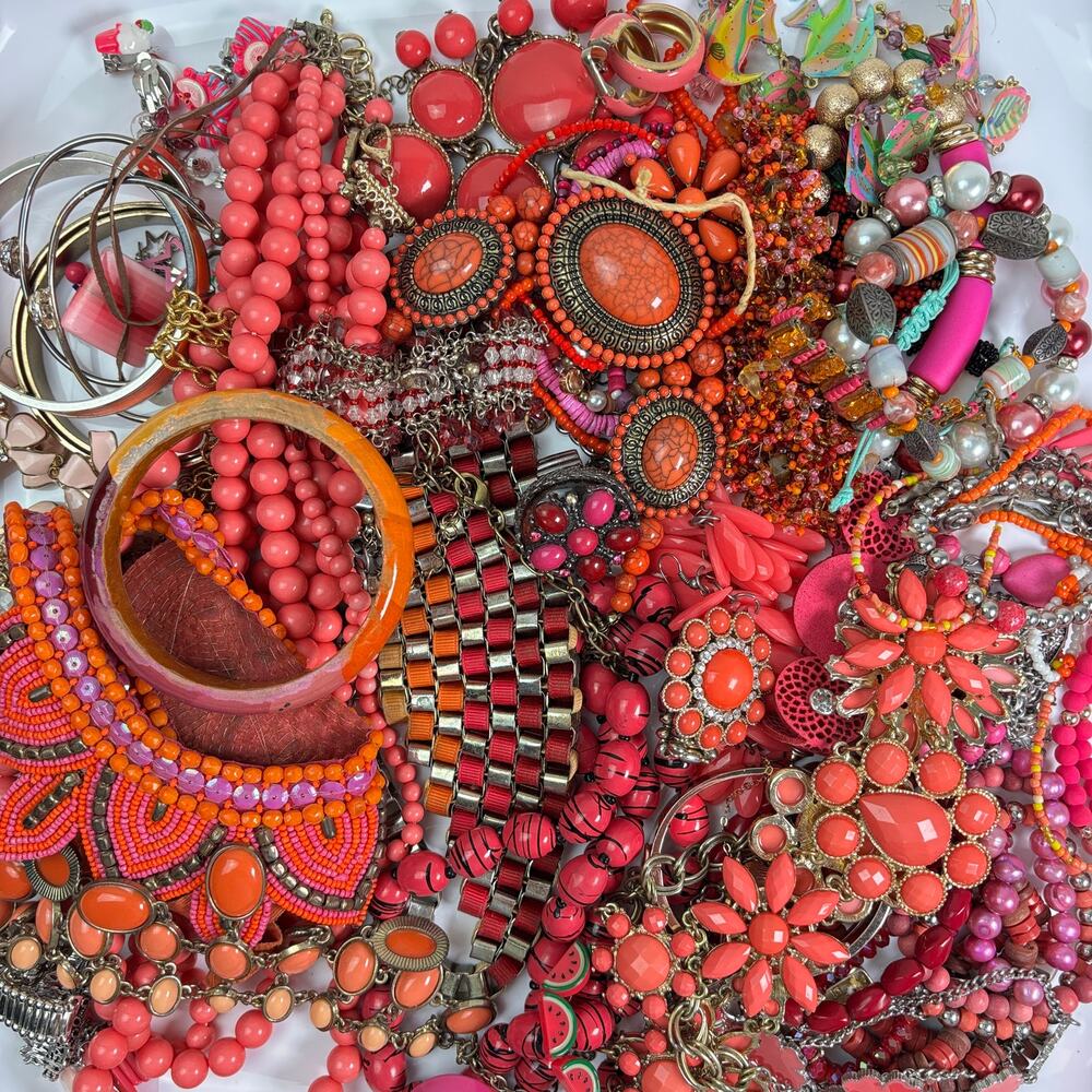 Craft Jewelry Lot - 3 lbs Vibrant Hot Pink Coral Orange Statement Stones Beads